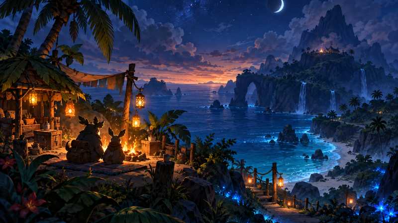 A lantern-lit tropical camp overlooks a blue ocean and distant islands at dusk.