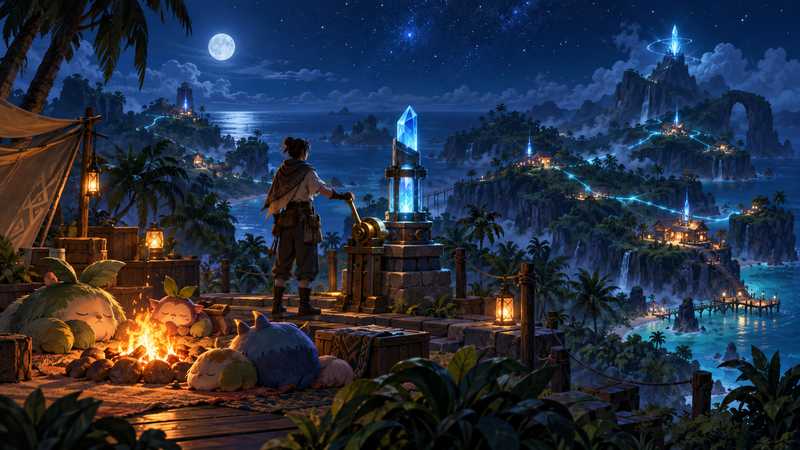 An island keeper operates a brass lever beside a glowing blue tower while small creatures gather around a warm campfire.