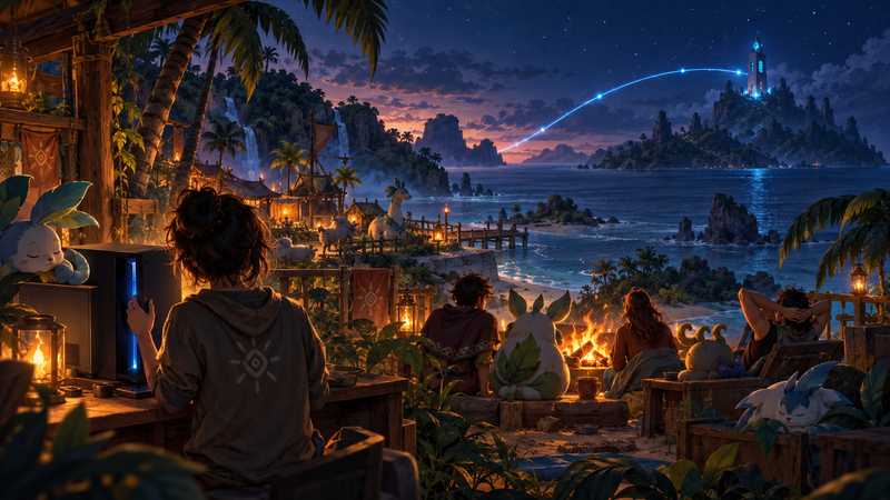 Friends gather by a tropical campfire while a separate server tower glows across the water.