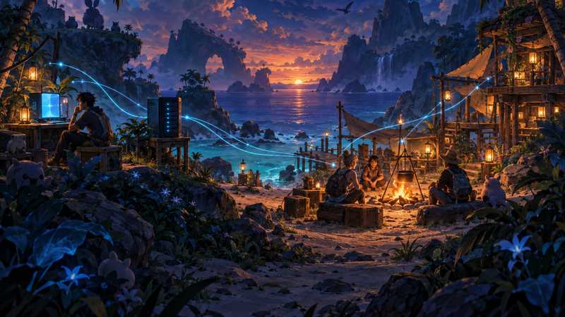 A friend group meets at a tropical camp, with a glowing home PC and a separate server tower connected by blue light.