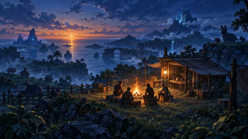 Four friends gather at a lantern-lit island camp while the sunset fades over the sea.