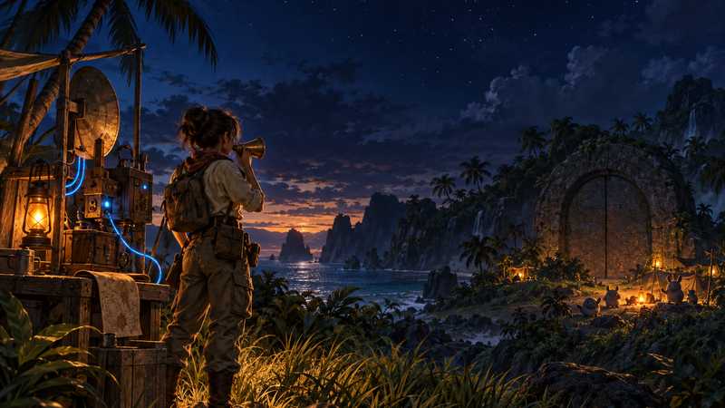 An island operator holds a brass speaking horn beside a blue-lit relay station, with a stone arch and warm campsite in the distance.
