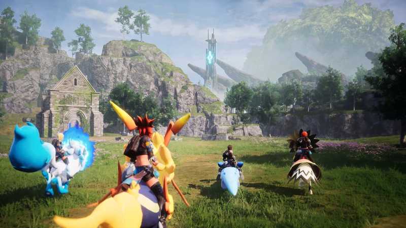 A group of Palworld players riding mounts together across a grassy field toward a tower