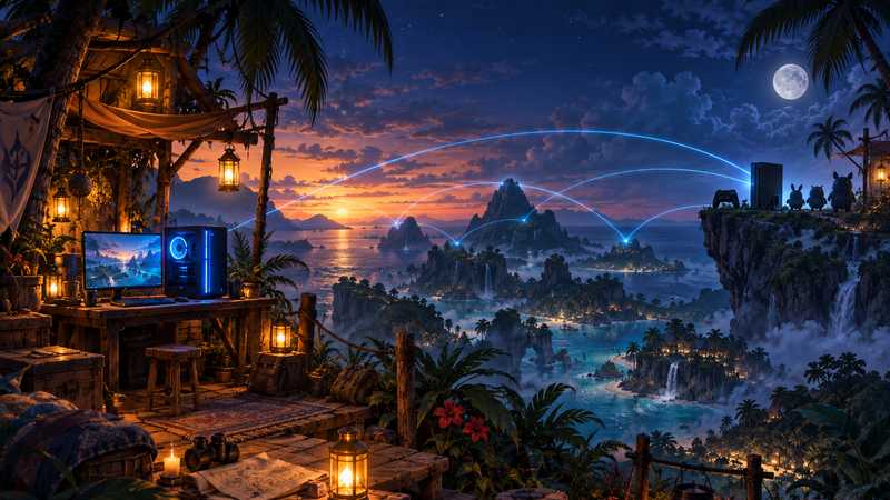 A glowing PC and console connected across a tropical island at dusk