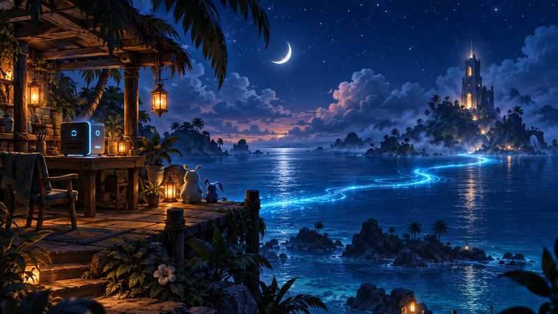 A blue-lit server in an island workshop connects across a moonlit bay to a distant glowing tower, with small creatures beside lanterns.