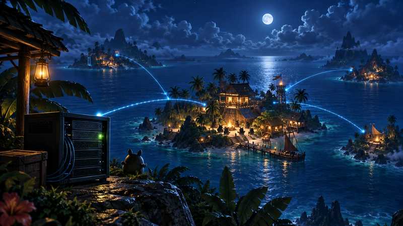 A small server rack overlooks a glowing island base connected to distant camps by blue light paths.
