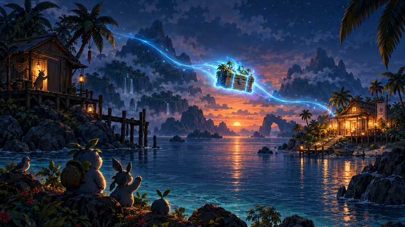 A glowing archive chest moves between two island server cabins at dusk.