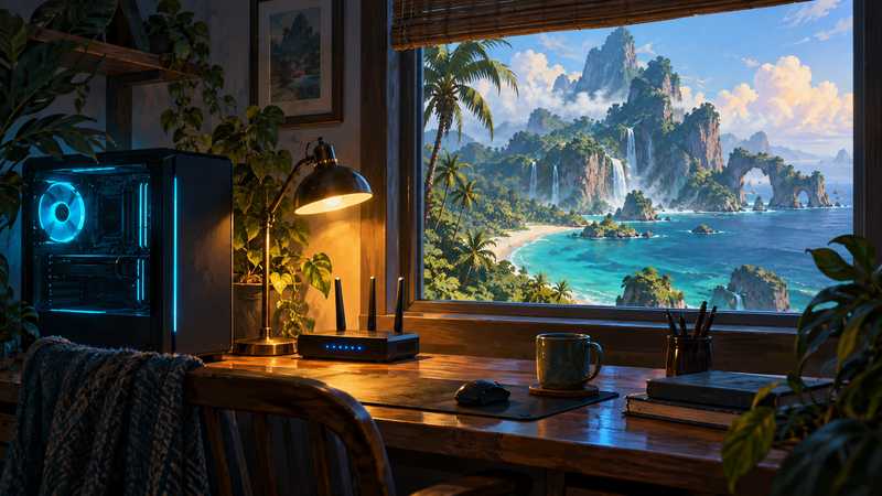 A Windows gaming PC and home router sit beside a bright window overlooking a tropical island.