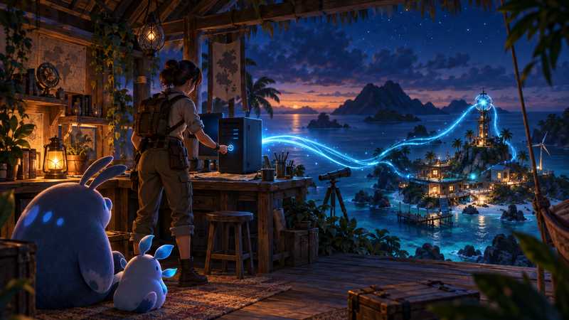 An explorer starts a glowing desktop tower in an island workshop as blue light connects it to a distant base.