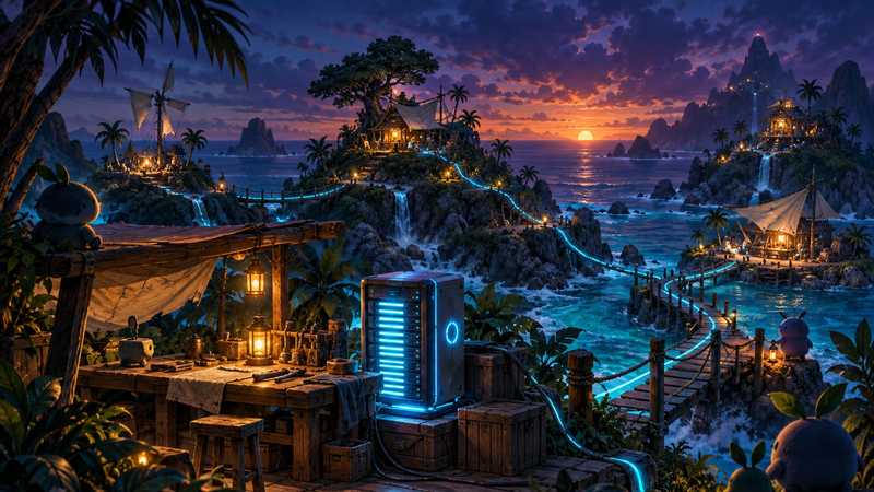 A blue server tower lights an island workshop, with glowing paths leading across bridges to distant camps.