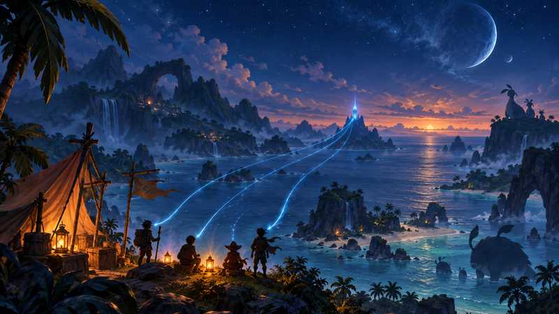 Four friends gather at a lantern-lit island camp as blue light trails lead to a distant server beacon.
