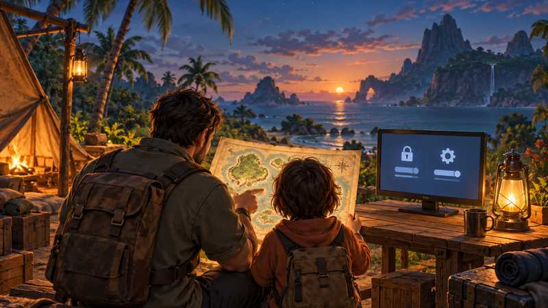 A parent and child review a lantern-lit island map beside a small game server display, with the screen showing settings rather than player names.