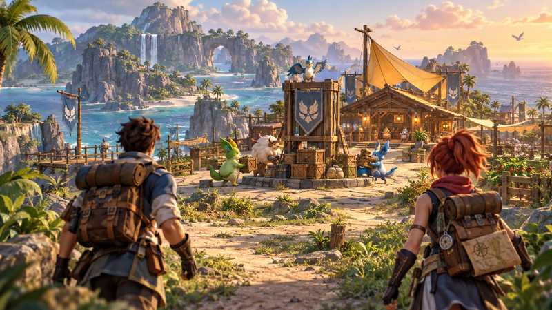 Two adventurers arrive at a shared island base where guild members and their Pals work together.