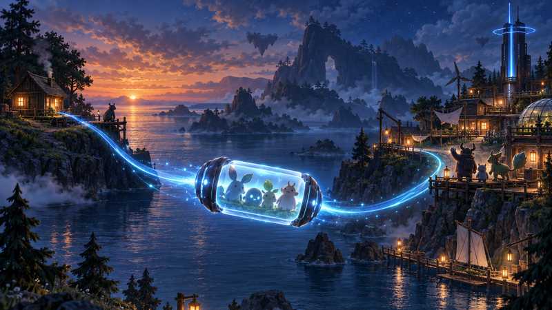 A glowing Palworld island save moves from a quiet cabin toward a shared, lantern-lit base.