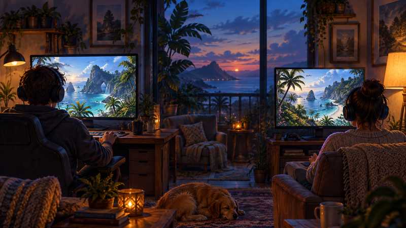 Two family members sit at separate screens in one warmly lit room, each viewing a colorful tropical island.