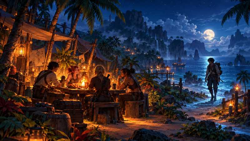 Four friends sit at a glowing island camp while a fifth approaches along the shoreline.