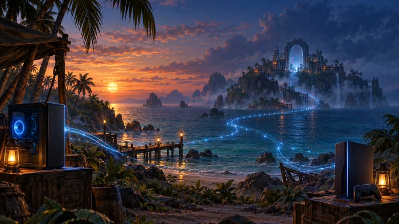 Generic PC and console silhouettes face a tropical island as faint blue connection paths fade before a distant gateway.