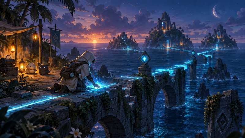 A hooded caretaker reconnects a glowing blue path across a stone bridge toward lantern-lit tropical islands.