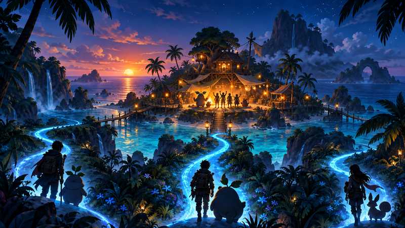 Glowing blue paths lead adventurers and small fantasy creatures toward a lantern-lit island camp at dusk.