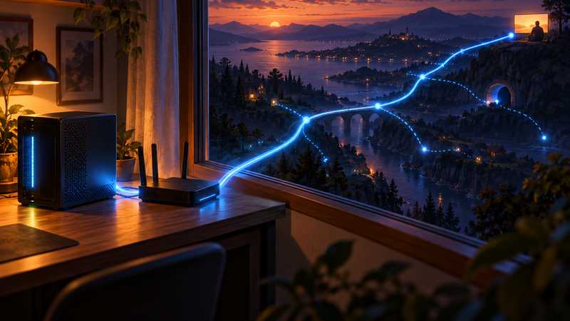 A home server PC and router sending a blue connection path toward a friend outside the house.