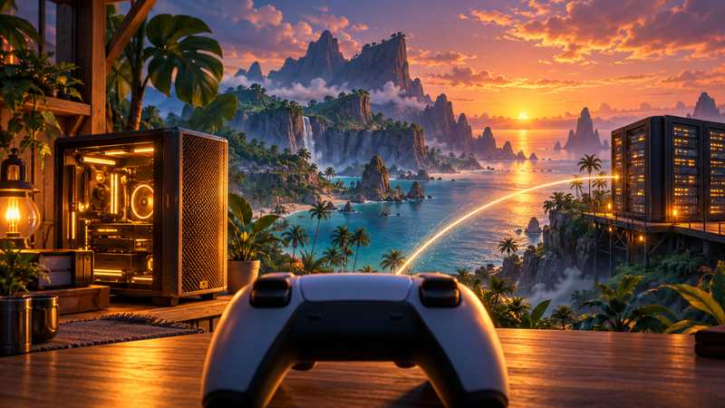A game controller faces a home server and a remote server rack across a tropical island.