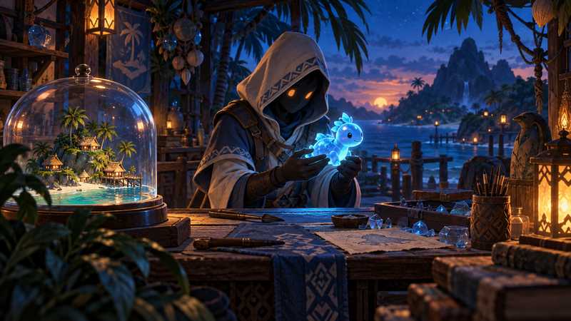 An island archivist examines a glowing blue creature figurine beside a miniature island protected under a glass dome.