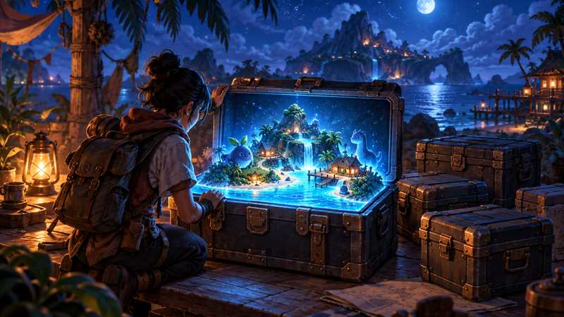 A traveler opens an archive chest containing a glowing miniature island, beside closed cases on a moonlit dock.