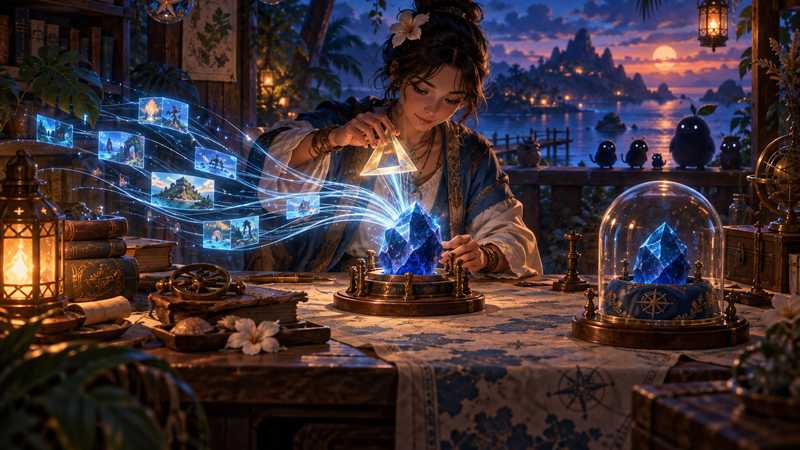 An archivist unfolds a blue crystal into glowing strands beside an intact archive crystal in a tropical workshop.