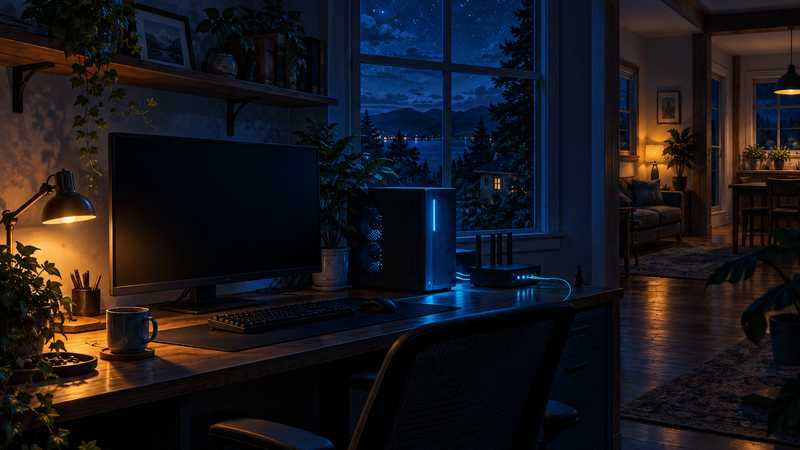 A compact server tower glows blue at an unattended home desk at night.