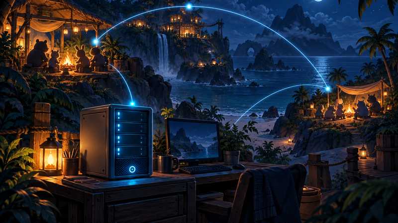 Warm island camps and a small glowing server connected by blue light trails at dusk.