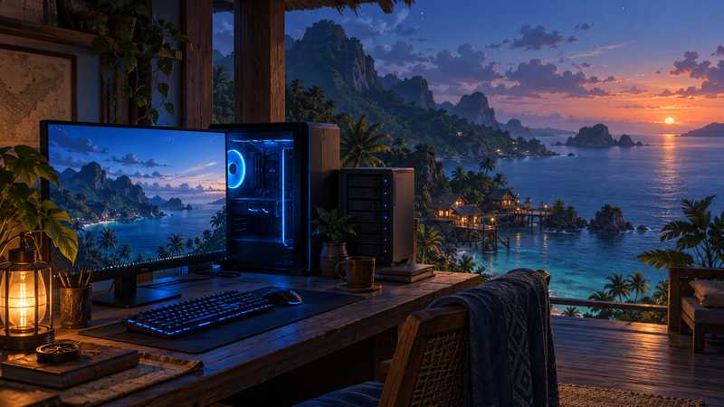 A blue-lit desktop PC overlooks a quiet island at dusk, with a small server rack glowing beside it.