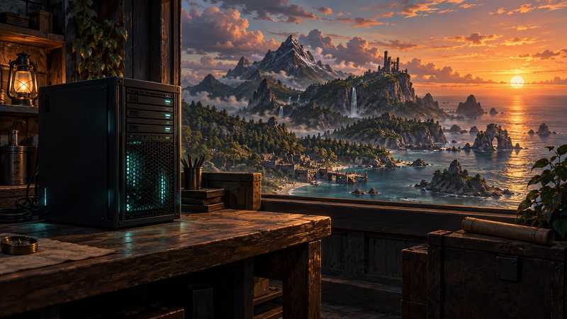 A compact server tower glows on a workshop desk beside a window overlooking a forested island at sunset.