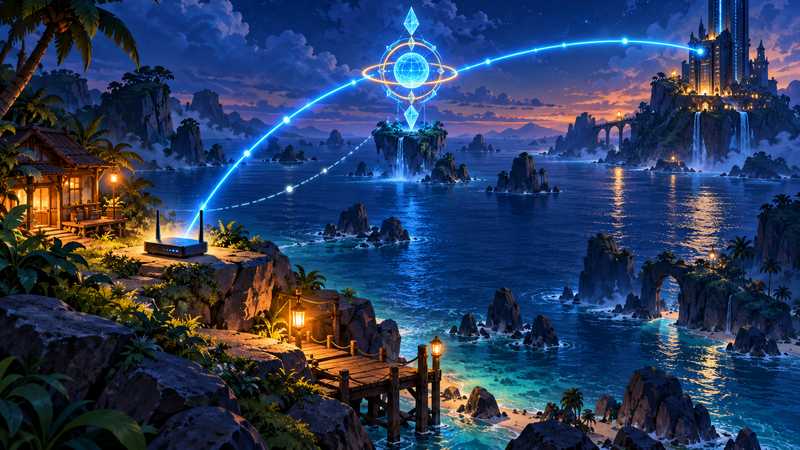 A blue DNS path links a home router on a tropical island to a distant server tower.
