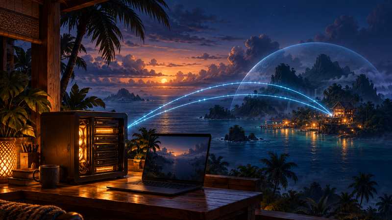 A home server sends blue network paths across a protected boundary to a tropical island base.