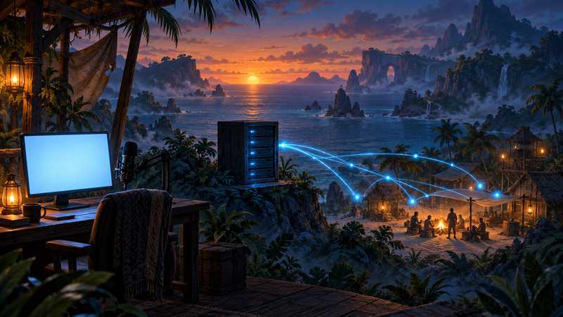 A separate server cabinet links a streamer’s desk with a warmly lit island camp.