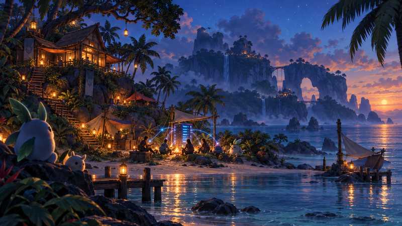 Friends gather at a tropical island base at dusk beneath a blue glow.