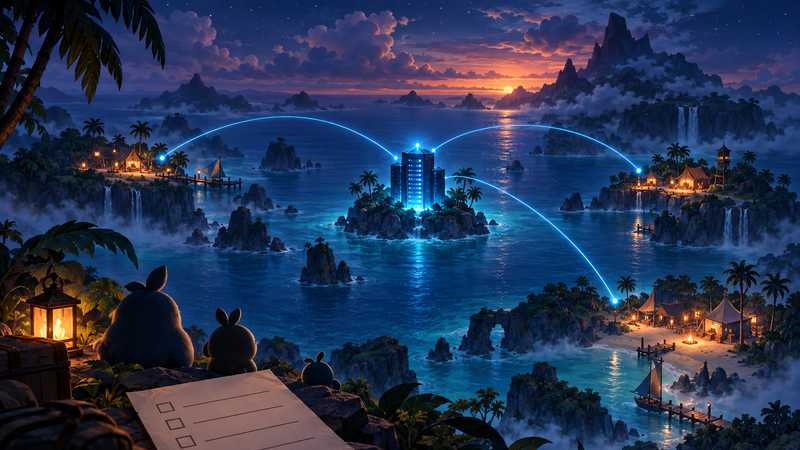 Three island camps connect by blue light to a central server tower beside a blank checklist.