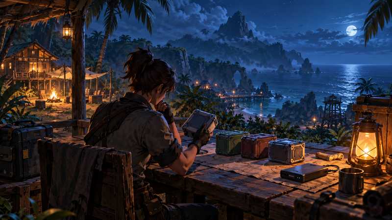 A server owner checks a device and mod cases at a workbench overlooking a lantern-lit island at night.