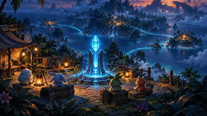 A glowing blue beacon connects island camps beneath a dusk sky, with small creatures beside warm lanterns.