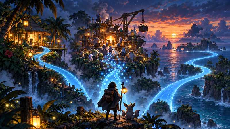 A traveler watches glowing paths connect an island hut, a busy creature workshop, and distant islands beneath a blue dusk sky.
