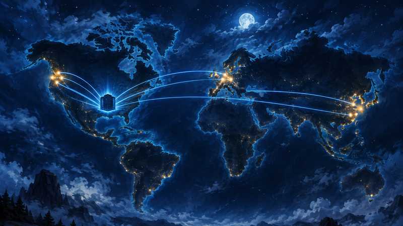 Blue network paths connect small groups of players across a night map to a central server.