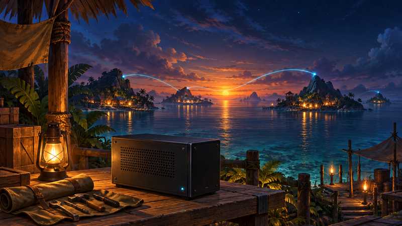 A softly glowing server cabinet and tool roll sit on a tropical workbench as blue light trails cross a bay toward distant camps.