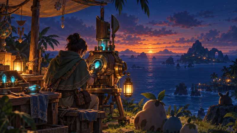 An island caretaker fits a glowing blue crystal into a brass machine while small creatures watch beside a lantern-lit workbench.