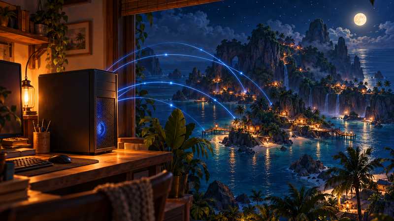 A spare desktop glows in a home office as blue light connects it to an island base at dusk.