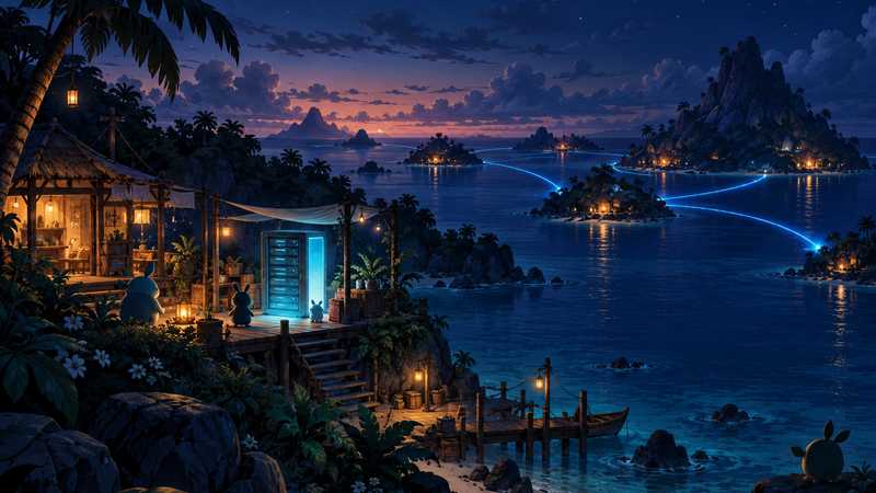 A small glowing server beside a tropical base, with distant island lights connected by blue trails.