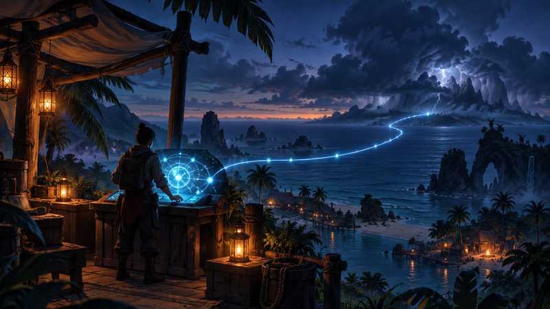 A player checks a glowing server console as storm clouds gather over a distant island.