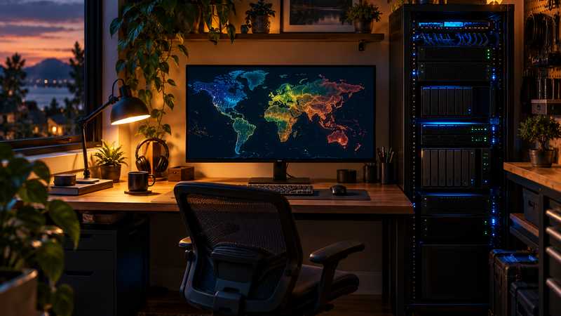 A home lab server rack and NAS glow beside a monitor showing an abstract island map.