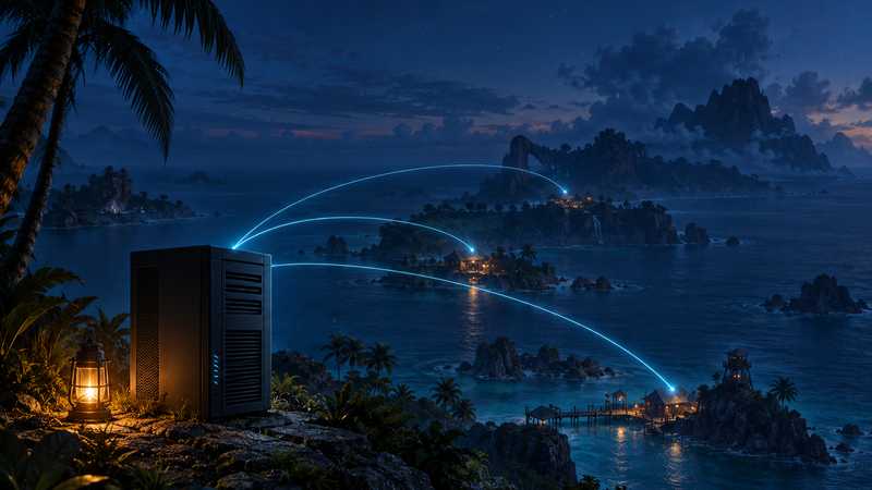A server tower sends blue light across small island camps at dusk.