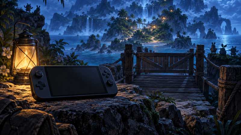An unbranded handheld rests beside a lantern and a closed wooden bridge overlooking a misty tropical island at dusk.