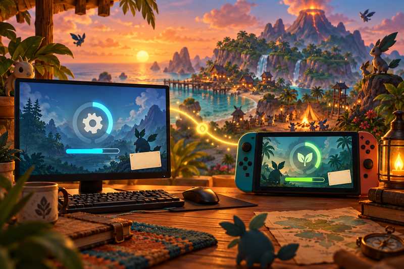 A PC monitor and handheld console show separate update progress bars beside a shared island settlement at sunset.